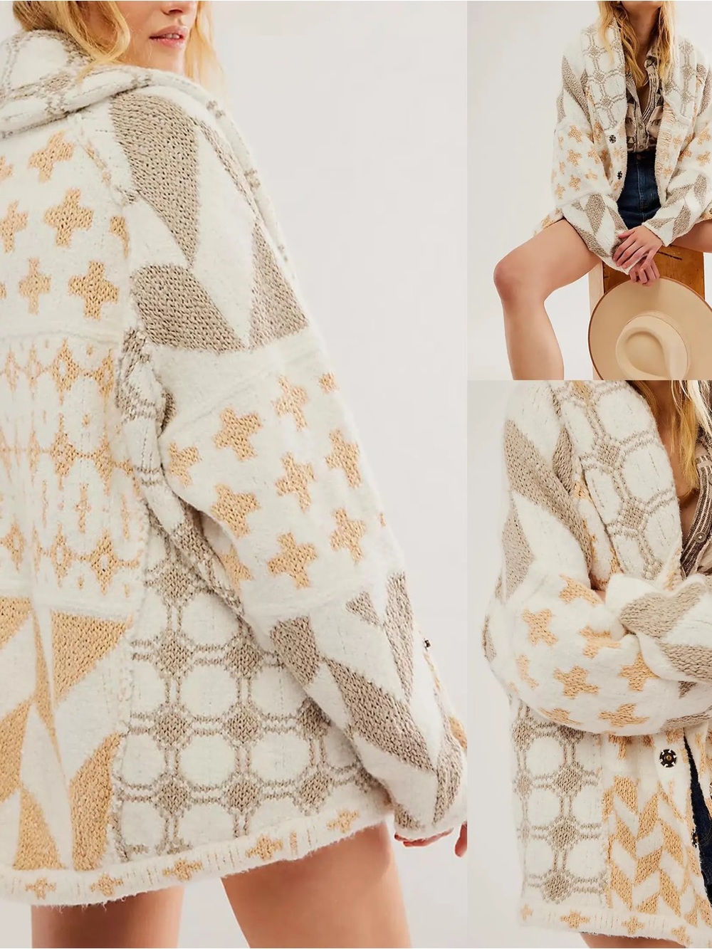 Free People Hooded Patterned Cardigan in Cream, Tan & Light Gray